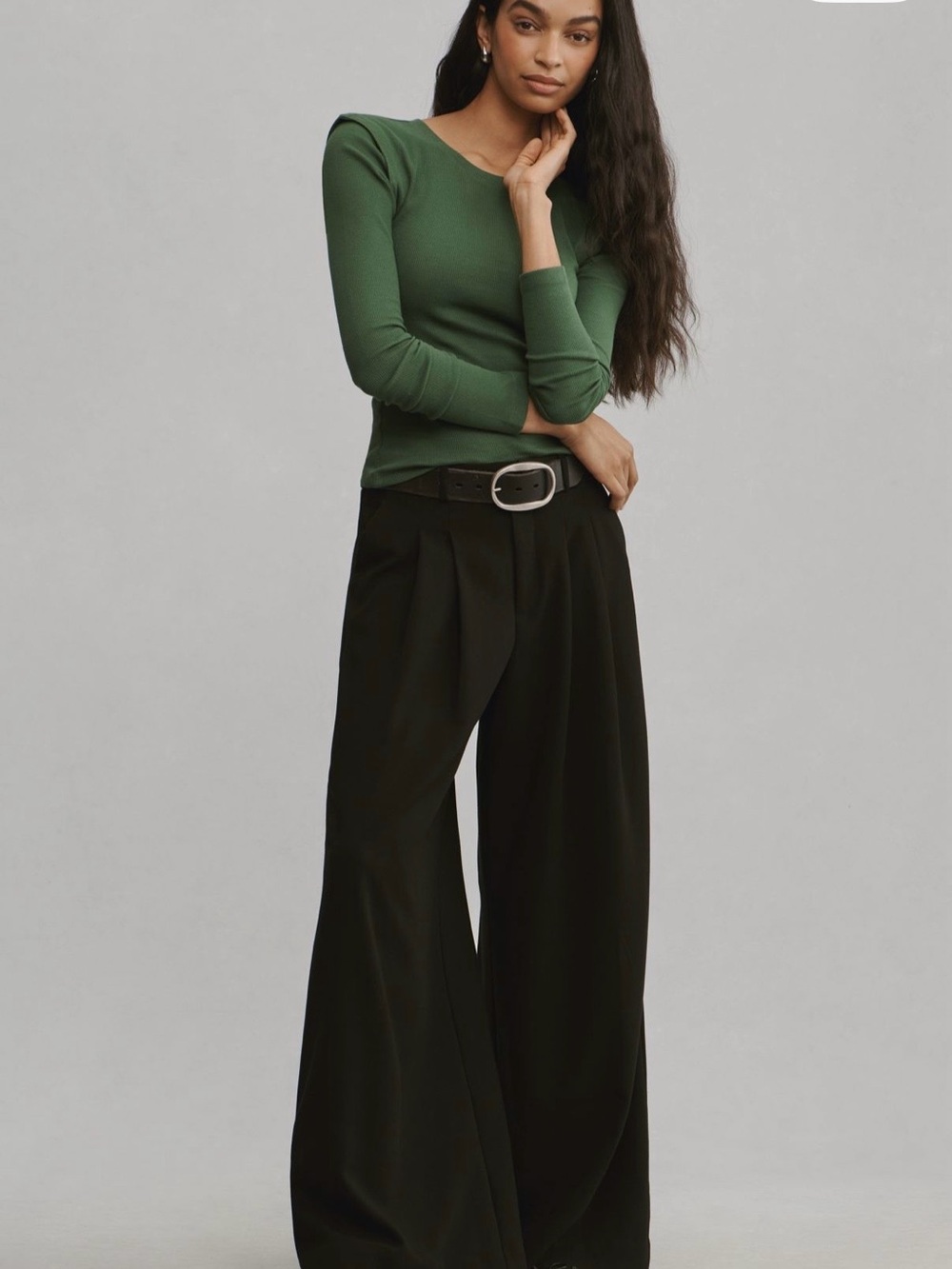 Anthropologie Forest Green Ribbed Long-Sleeve Crewneck - Picture 2 of 6